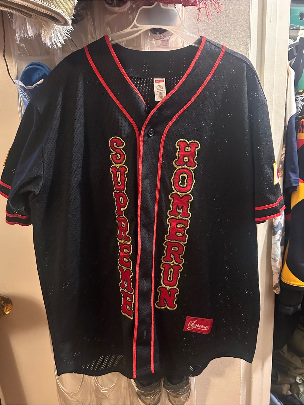Supreme Black Mesh 'Homerun' Baseball Jersey with Red Trim